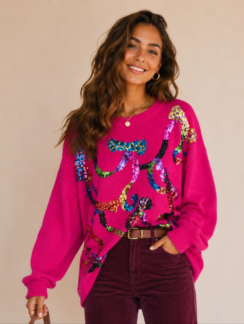Victoria Harbour Vintage Pink Sequin Embellished Crewneck 90s Sweater Size M